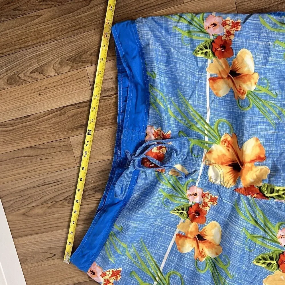 OP Sz 2XL Swim Trunks Board Shorts Mens Drawstring Blue Hawaiian Floral 0841